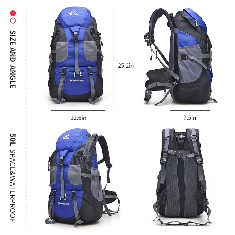 Bseash 50L Hiking Backpack, Water Resistant Lightweight Outdoor Sport Daypack Travel Bag for Camping Climbing Skiing Cycling (Blue - No Shoe Compartment) - Image 2